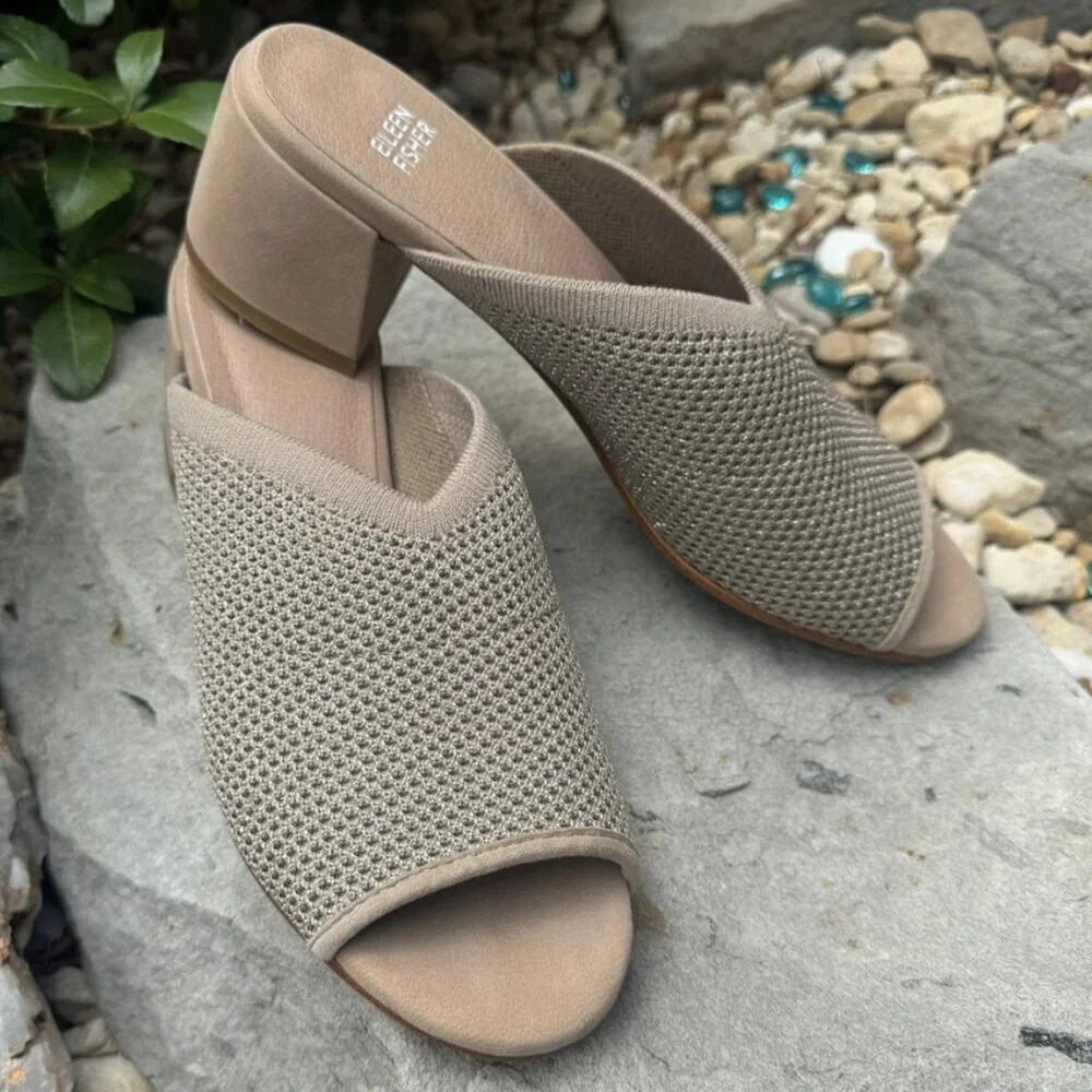 Eileen Fisher Fave Block Heel Knit Upper Slip On Sandals Women's Size 9.5